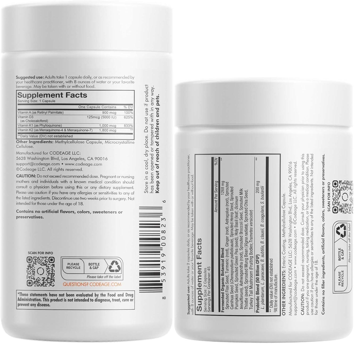 image:imageCodeage Daily ADK Vitamin amp Probiotic Bundle Vitamin A Retinyl Palmitate Vitamin D3 Cholecalciferol Vitamin K 50 Billion CFU SBO Probiotic Blend NonGMO
