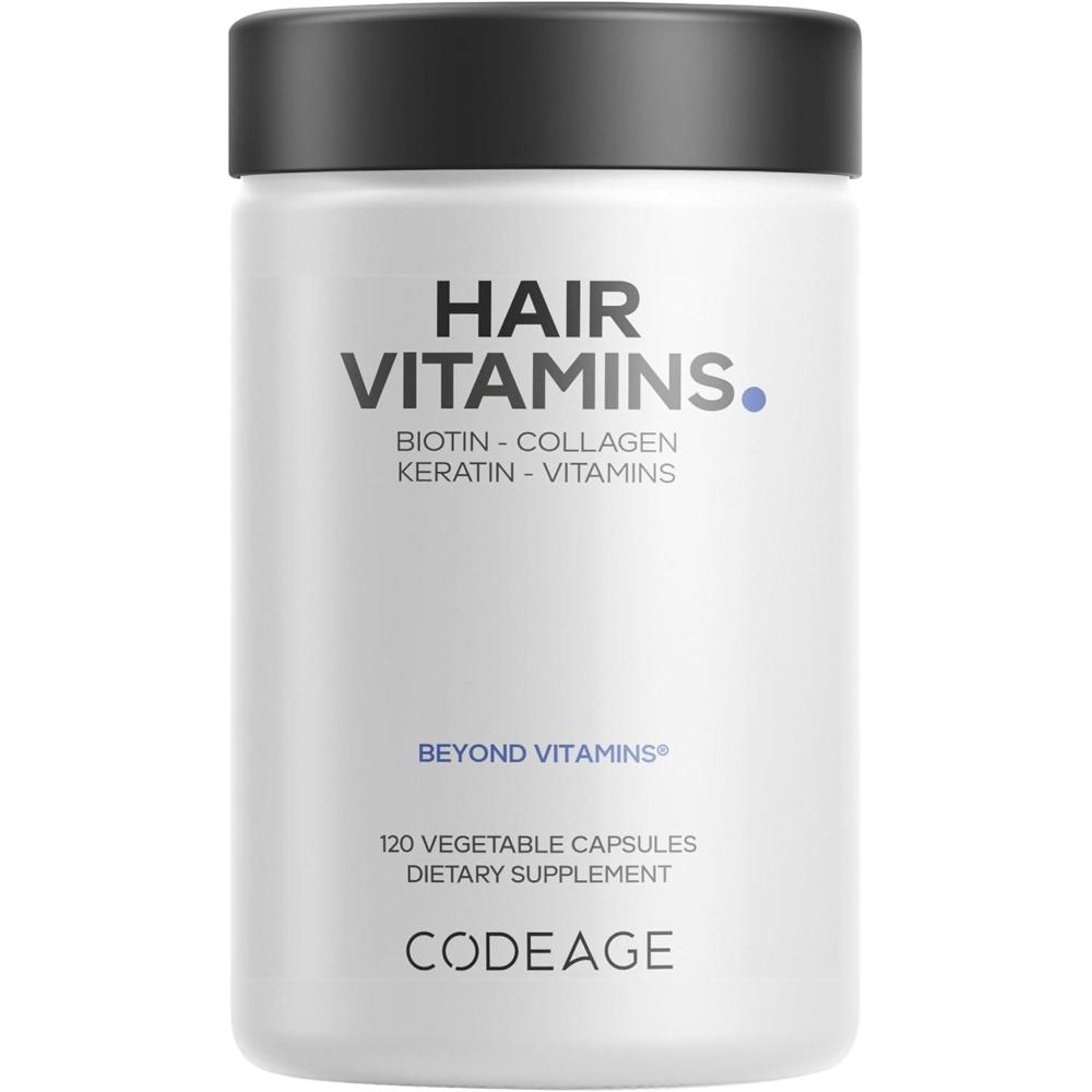 image:imageCodeage Hair Vitamins 10000 mcg Biotin Keratin Collagen Vitamin A B12 C D3 E Zinc Turmeric Probiotics Enzymes Inositol  Hair Care Support  Healthy Hair Supplement Pills  2 Pack120 Count Pack of 1