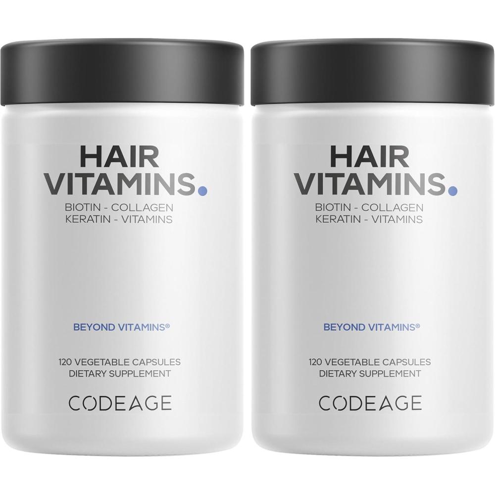 image:imageCodeage Hair Vitamins 10000 mcg Biotin Keratin Collagen Vitamin A B12 C D3 E Zinc Turmeric Probiotics Enzymes Inositol Hair Care Support Healthy Hair Supplement Pills 2 Pack120 Count Pack of 2