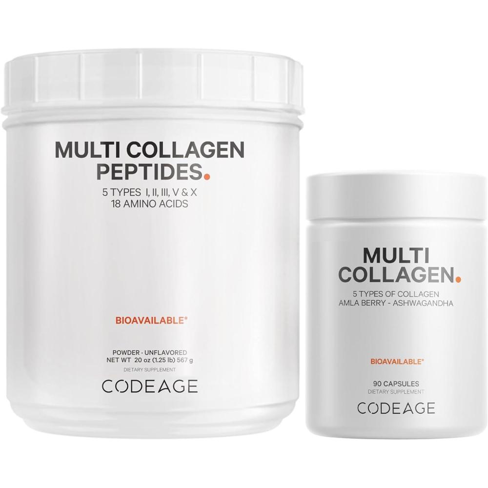 image:imageCodeage Multi Collagen Protein Capsules amp Multi Collagen Protein Powder Bundle Multi Collagen Pills Collagen Types I II II V amp X 90 Count Multi Collagen Peptides Pure Hydrolyzed 20 oz
