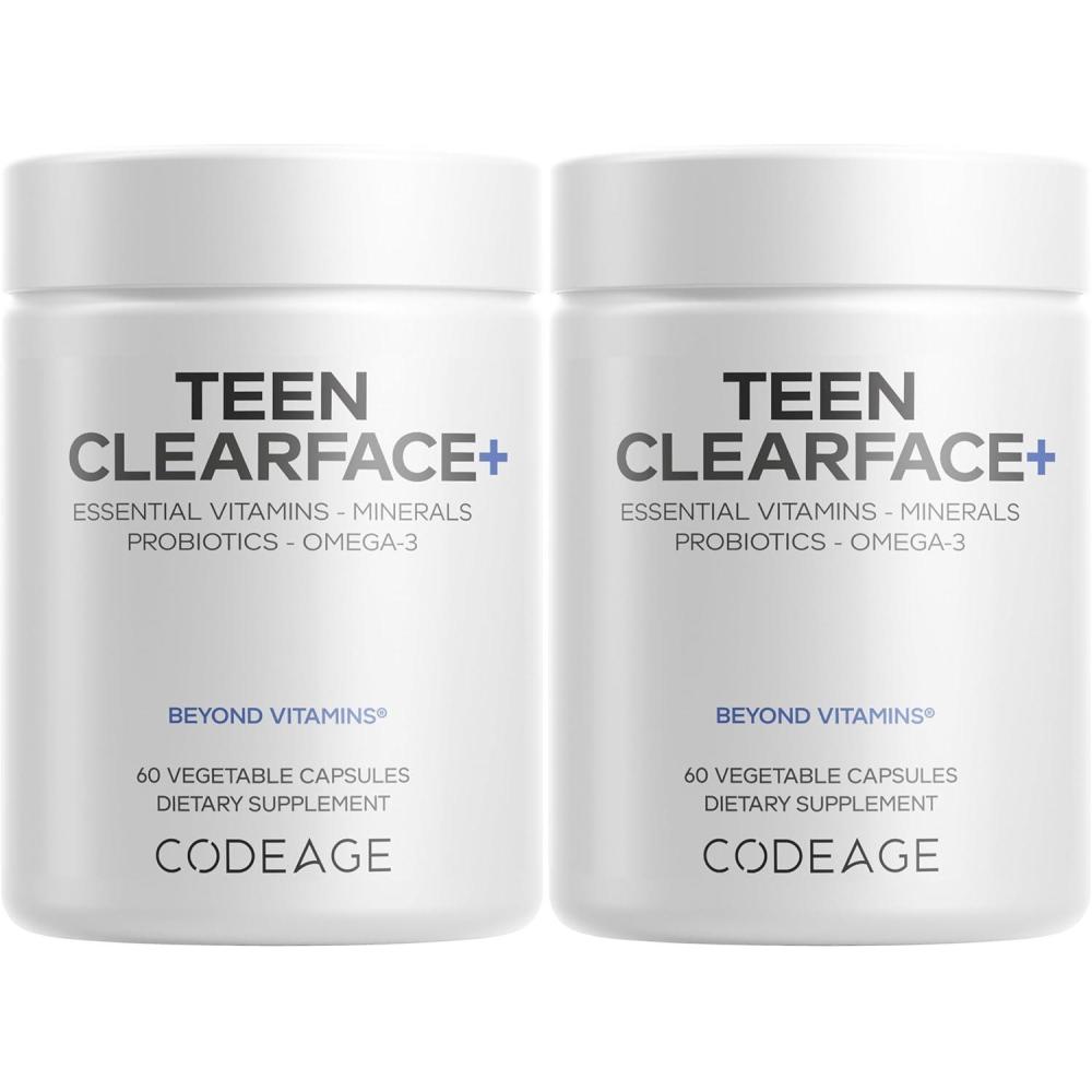 image:imageCodeage Teen Clearface Adolescent Face Skin amp Pimples Vitamins A C D3 E Pantothenic Acid Niacin Zinc Supplement Teenagers Probiotics LLysine Omega3 Oily Skin Pores Spots  2 Pack60 Count Pack of 2