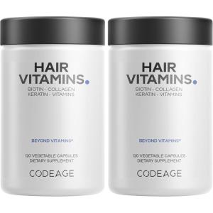 Codeage Hair Vitamins 10000 mcg Biotin, Keratin, Collagen, Vitamin A, B12, C, D3, E, Zinc, Turmeric, Probiotics, Enzymes, Inositol – Hair Care Support – Healthy Hair Supplement Pills – 2 Pack(120 Count (Pack of 2))