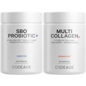 Codeage Multi Collagen Protein Capsules 5 Types, Ashwagandha Withania Somnifera & Organic Amla Berry + SBO Probiotic Blend 50 Billion CFU Bundle, Lactobacillus Plantarum, Bacillus Subtilis, Non-GMO