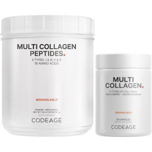 Codeage Multi Collagen Protein Capsules & Multi Collagen Protein Powder Bundle | Multi Collagen Pills, Collagen Types I, II, II, V & X, 90 Count | Multi Collagen Peptides – Pure, Hydrolyzed, 20 oz