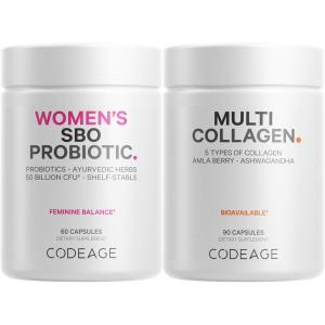 Codeage Multi Collagen Protein Capsules & Probiotics for Women Bundle | Multi Collagen Pills, Collagen Types I, II, II, V & X, 90 Count | Prebiotics & Probiotics for Women – Soy & Dairy Free, 60 Count