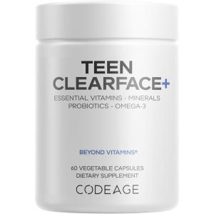 Codeage Teen Clearface Adolescent Face, Skin & Pimples, Vitamins A, C, D3, E, Pantothenic Acid, Niacin, Zinc Supplement Teenagers, Probiotics, L-Lysine, Omega-3, Oily Skin, Pores, Spots – 2 Pack(60 Count (Pack of 1))