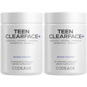 Codeage Teen Clearface Adolescent Face, Skin & Pimples, Vitamins A, C, D3, E, Pantothenic Acid, Niacin, Zinc Supplement Teenagers, Probiotics, L-Lysine, Omega-3, Oily Skin, Pores, Spots – 2 Pack(60 Count (Pack of 2))