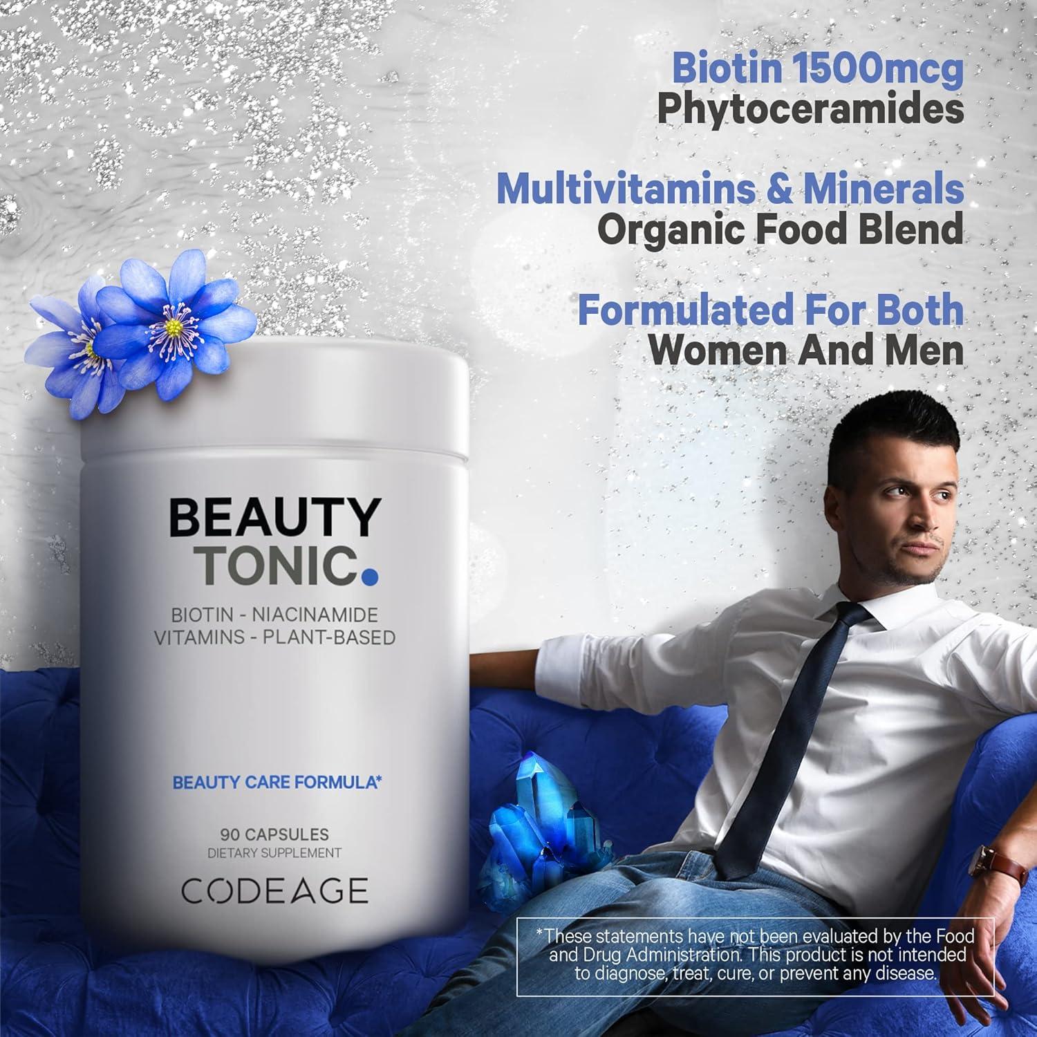 image:imageCodeage Biotin Supplement with Vitamin C Vitamin E Vitamin B6 Niacin Folate Organic Food Blend Phytoceramides Astaxanthin Selenium Beauty Tonic Hair Skin and Nail Support Vegan 90 Ct