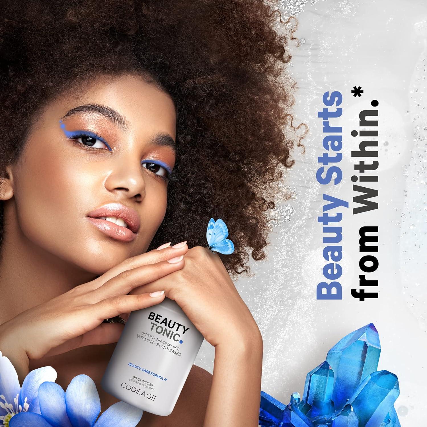 image:imageCodeage Biotin Supplement with Vitamin C Vitamin E Vitamin B6 Niacin Folate Organic Food Blend Phytoceramides Astaxanthin Selenium Beauty Tonic Hair Skin and Nail Support Vegan 90 Ct