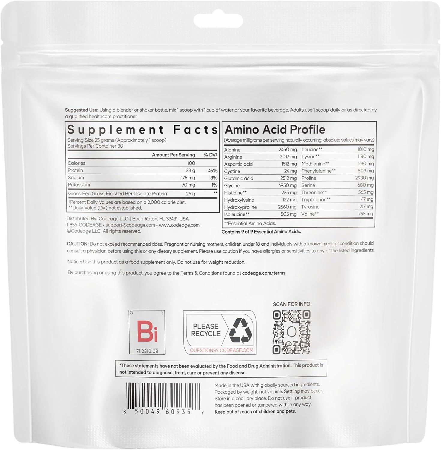 image:imageCodeage GrassFed Beef Isolate Protein Powder Supplement 20 Amino Acids CollagenRich Athletes amp Sports Unflavored Carnivore Protein Supplement BCAA amp EAA GlutenFree 2645 oz