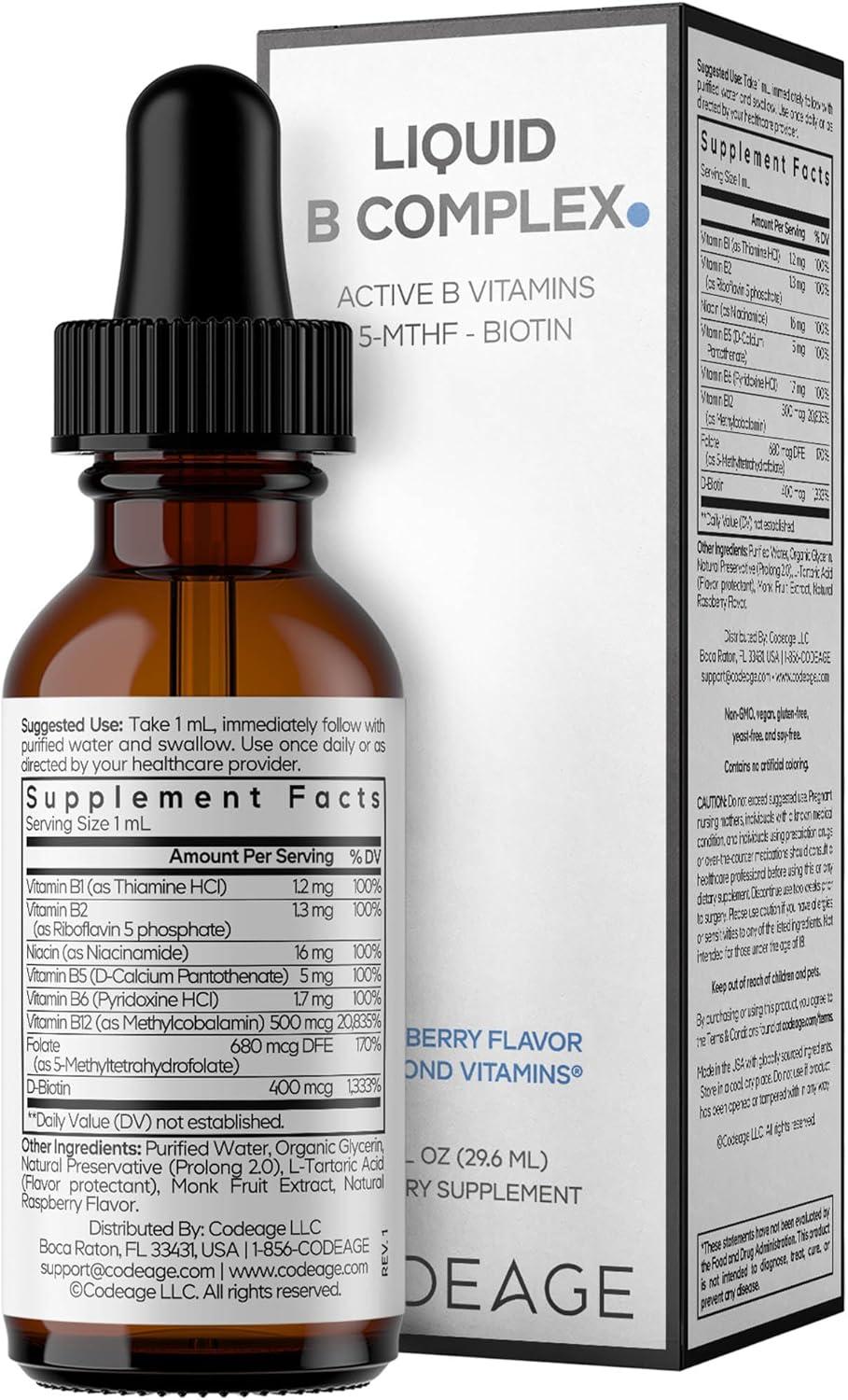 image:imageCodeage Liquid BComplex Supplement with 8 Forms of Vitamin B Vitamin Thiamine B1 Riboflavin B2 B3 B5 B6 Biotin B7 Active Methylated B9 Folate amp B12 Raspberry Flavor NonGMO 1 fl oz