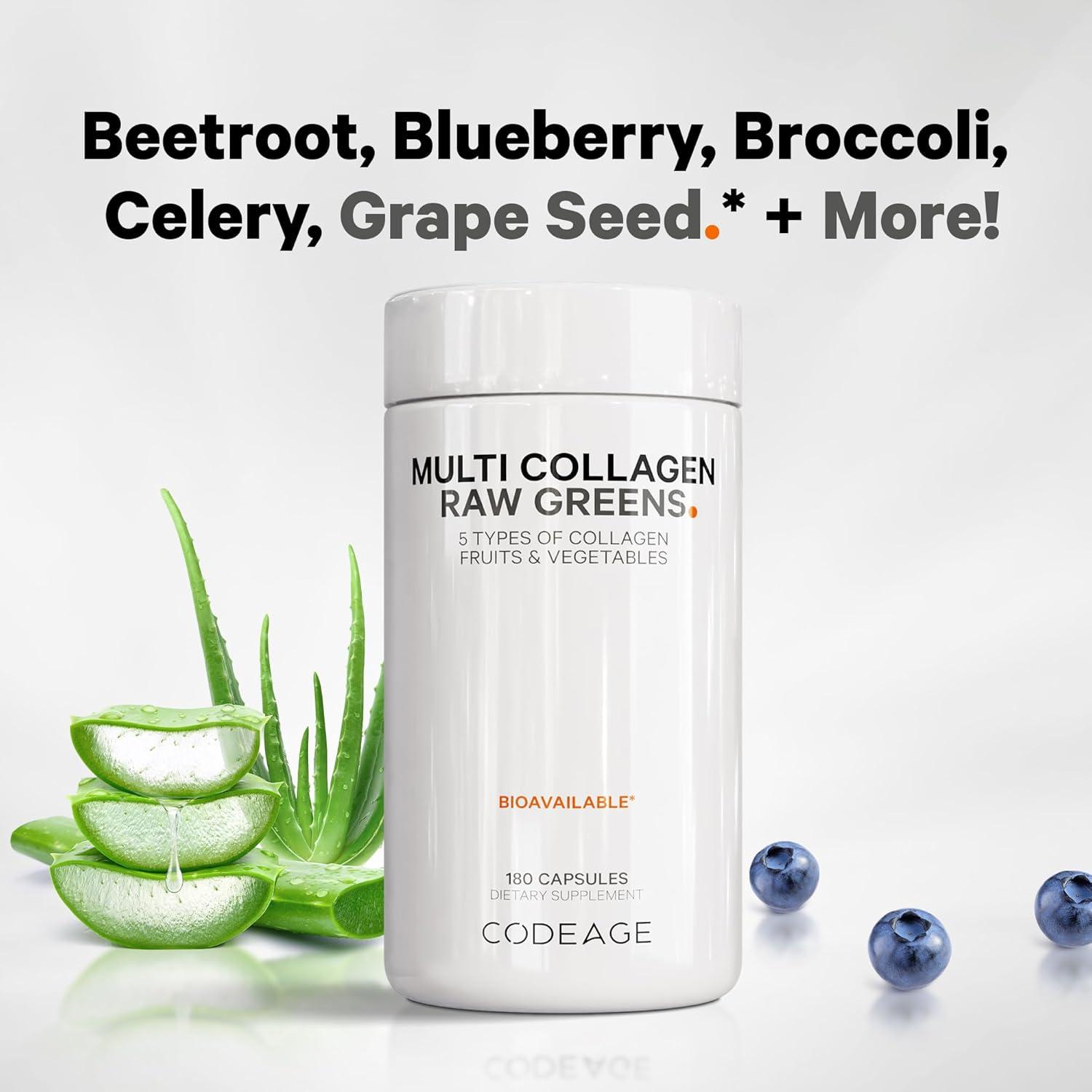 image:imageCodeage Multi Collagen Protein Organic Raw Greens Superfood Capsules Supplement 21 Fruits amp Veggies GrassFed Hydrolyzed Collagen Peptides 5 Types AllinOne 180 Count