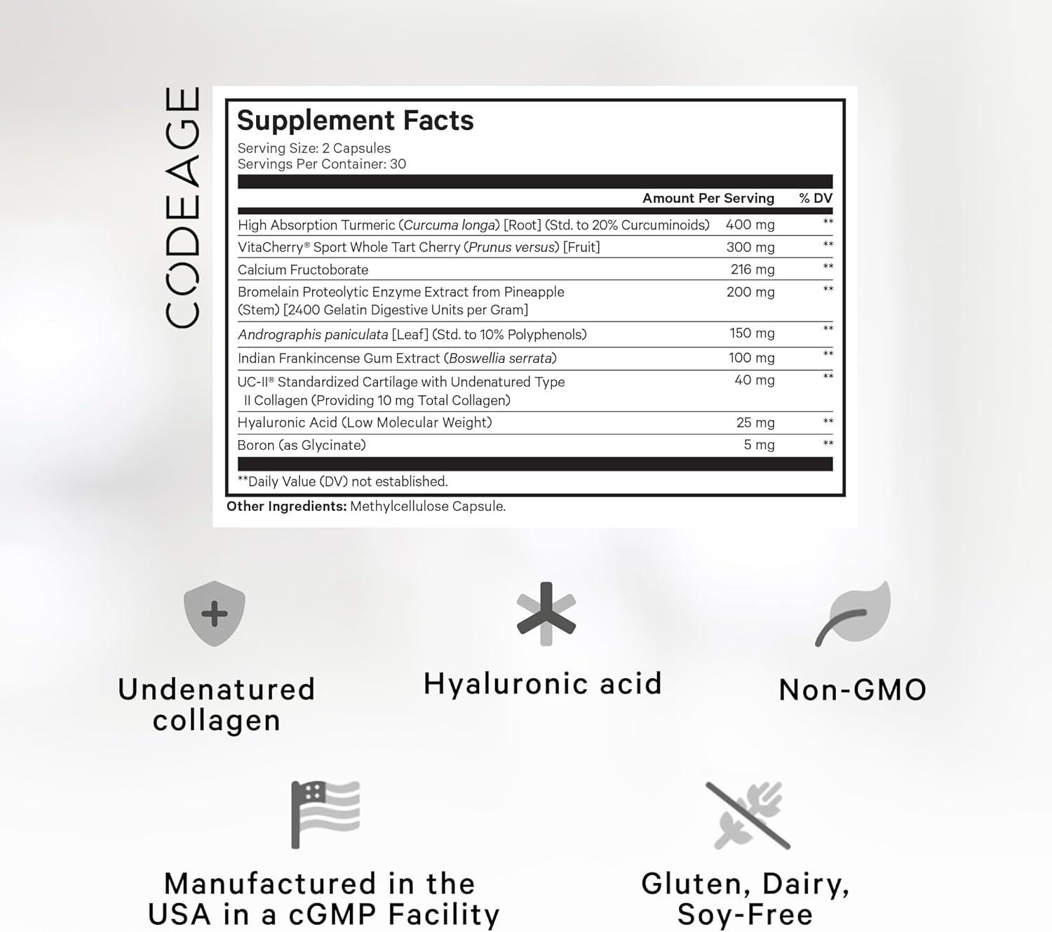 image:imageCodeage Supreme Joint Health UCII Collagen Capsules Type II VitaCherry Sport Cherries Boron Calcium Fructoborate Hyaluronic Acid Turmeric Bromelain amp Boswellia Supplement NonGMO 60 Count