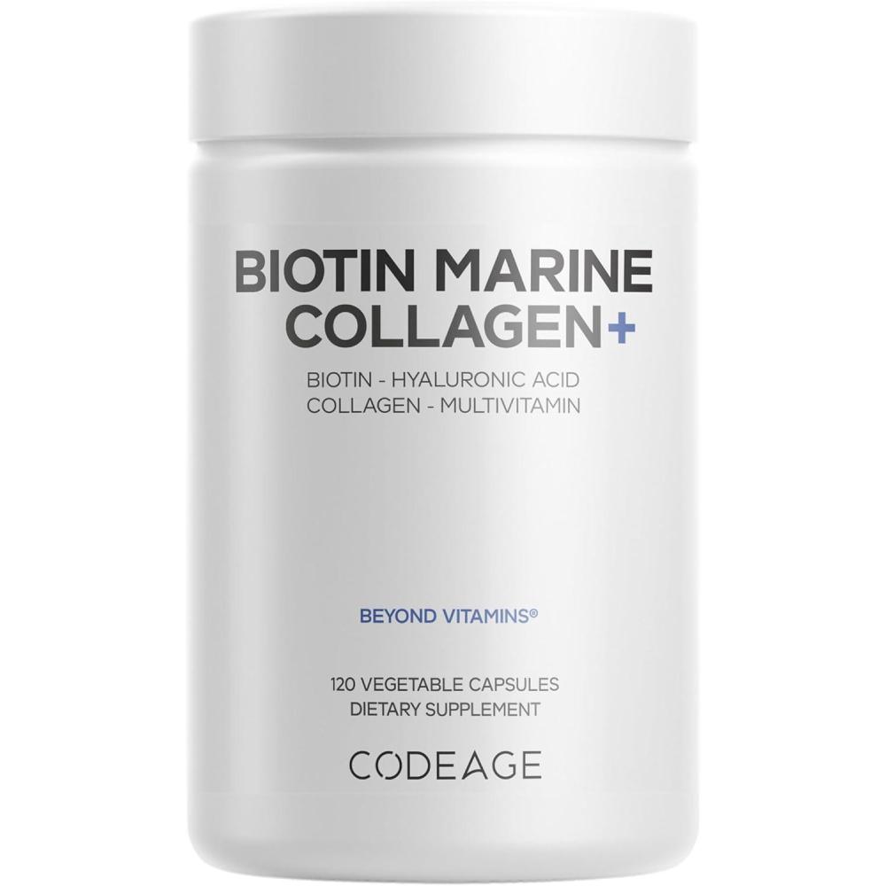 image:imageCodeage Biotin Marine Collagen Peptides WildCaught Marine Collagen Types I amp III Biotin Vitamins C amp E Hyaluronic Acid Amino Acids Fruit and Herb Blend NonGMO 120 Capsules