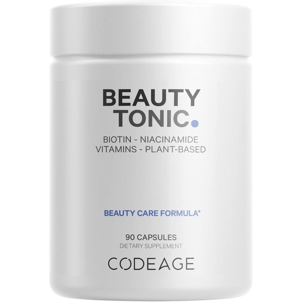 image:imageCodeage Biotin Supplement with Vitamin C Vitamin E Vitamin B6 Niacin Folate Organic Food Blend Phytoceramides Astaxanthin Selenium Beauty Tonic Hair Skin and Nail Support Vegan 90 Ct