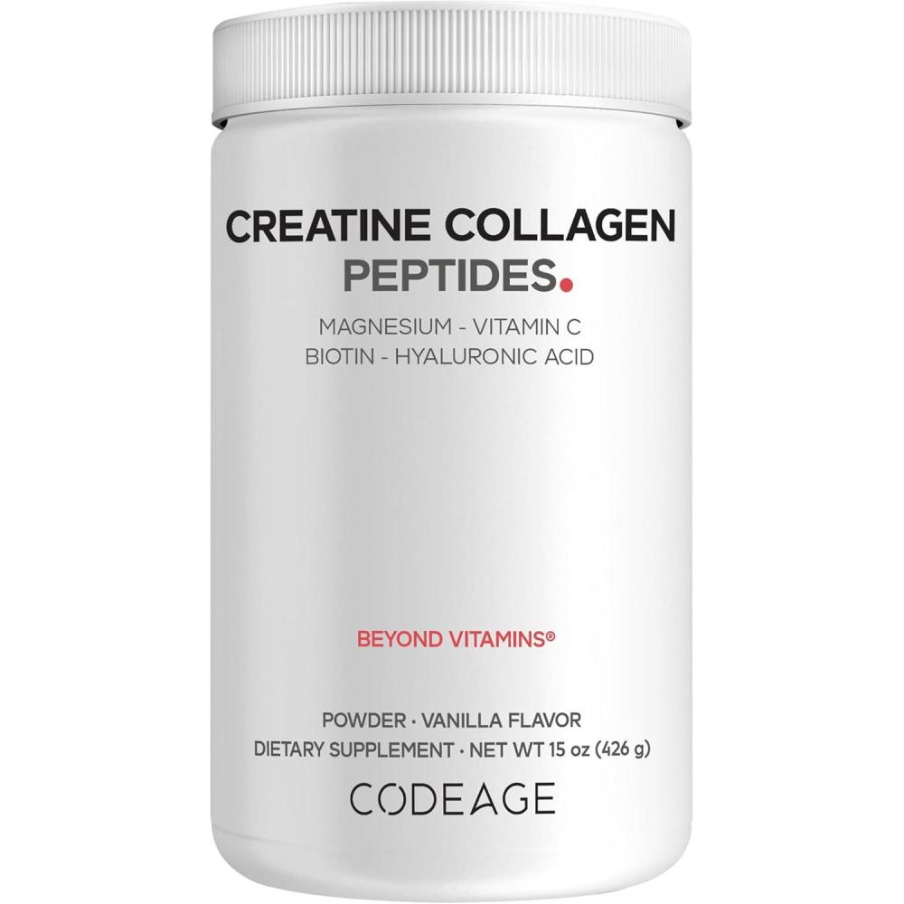 image:imageCodeage Creatine Collagen Peptides Creatine Monohydrate Powder Supplement WildCaught Marine Collagen Biotin Magnesium Vitamin C Hyaluronic Acid Vanilla Flavored NonGMO 15 Oz