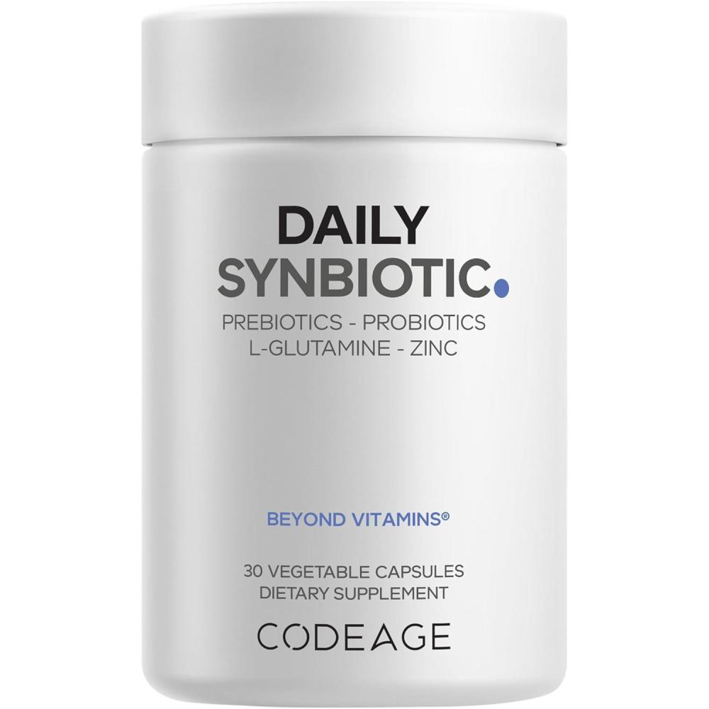 image:imageCodeage Daily Synbiotic Supplement  Prebiotics Lactobacillus amp Bifidobacterium Probiotics LGlutamine Zinc LCarnosine DGL Synbiotic Probiotic BioPerine  ShelfStable  30 Capsules