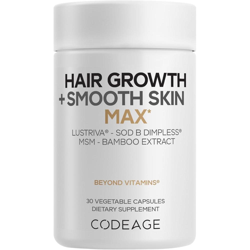 image:imageCodeage Hair Growth Smooth Skin Max Vitamins Supplement Patented Lustriva amp SOD B Dimpless Superoxide Dismutase Hair Growth Health Skin Cellulite Support Biotin Vitamin C MSM 30 Capsules