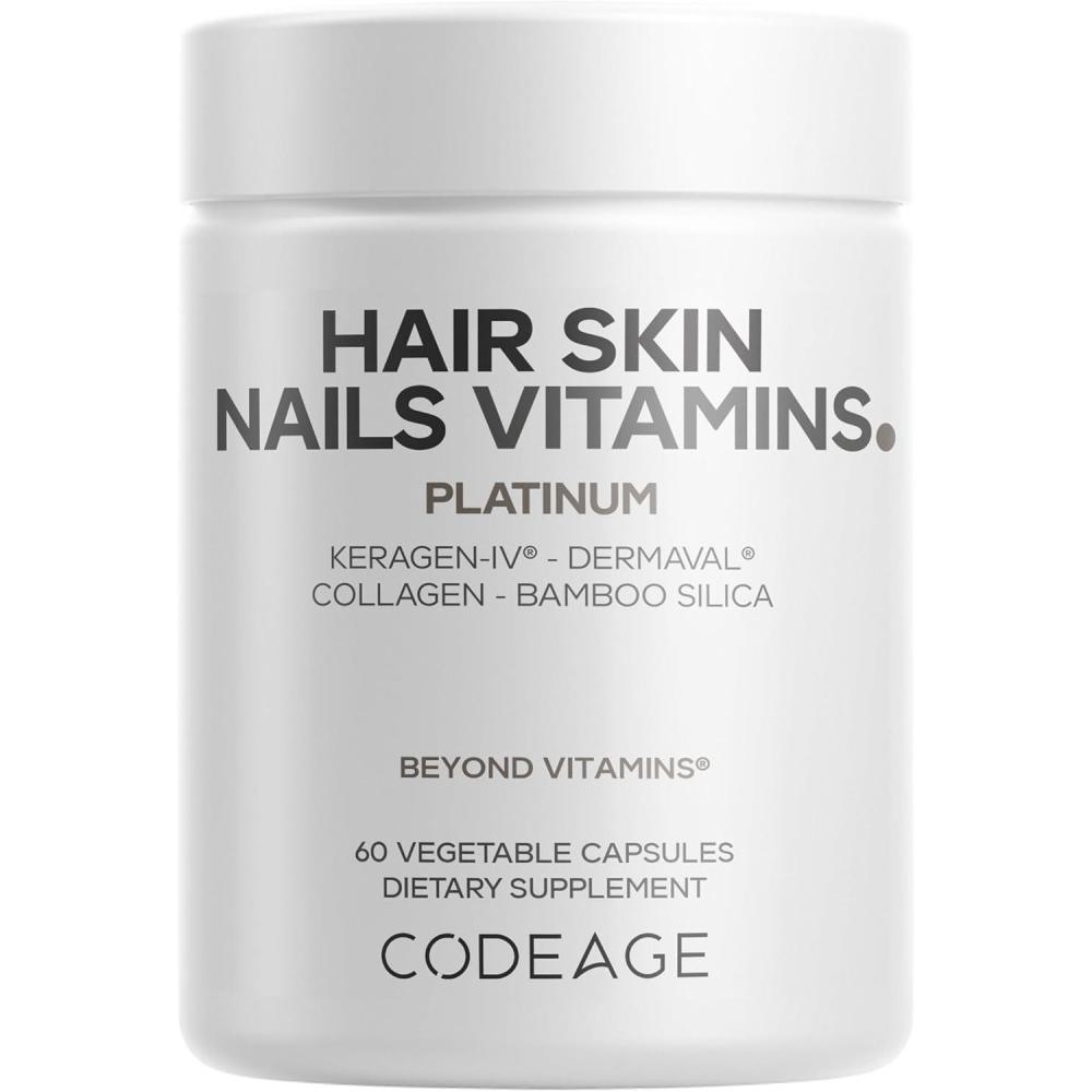 image:imageCodeage Hair Skin Nails Vitamins Platinum KeraGENIV Keratin Dermaval Hair Fall Skin Elasticity amp Moisture Support Biotin 5000 Collagen Vitamin C Coffeeberry PABA Supplement 60 Capsules