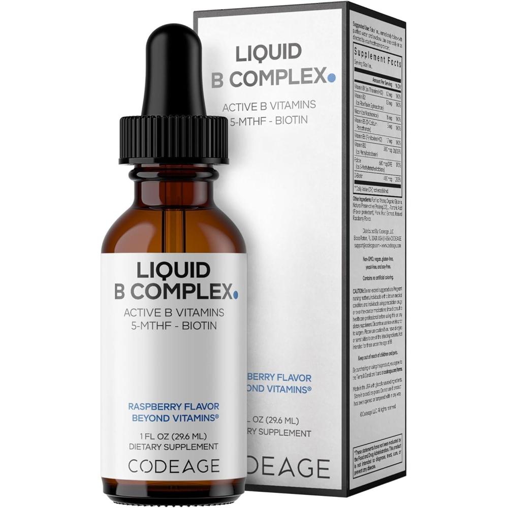 image:imageCodeage Liquid BComplex Supplement with 8 Forms of Vitamin B Vitamin Thiamine B1 Riboflavin B2 B3 B5 B6 Biotin B7 Active Methylated B9 Folate amp B12 Raspberry Flavor NonGMO 1 fl oz