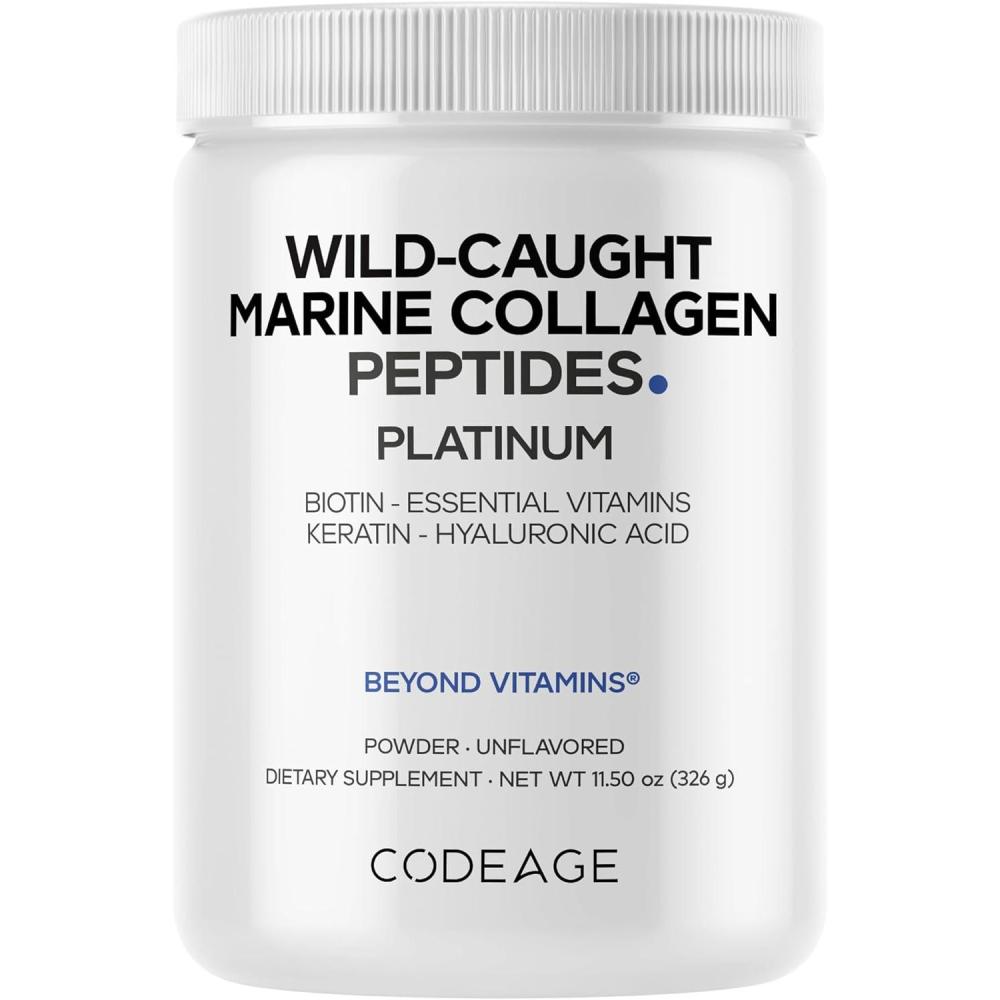 image:imageCodeage Marine Collagen Protein Powder Supplement Platinum Biotin 10000 mcg Vitamin C D3 amp B6 Keratin Hyaluronic Acid Niacin Wild Caught Hydrolyzed Fish Collagen Peptides NonGMO 1150 oz