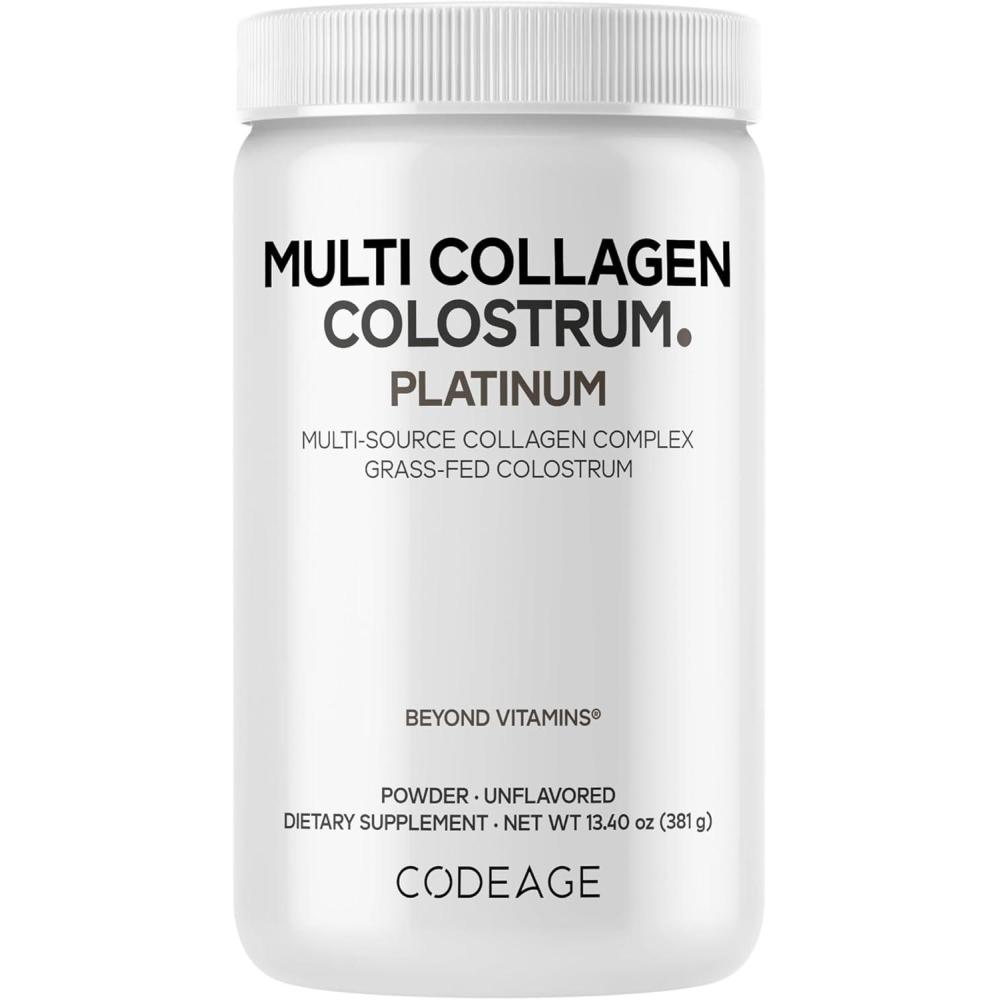 image:imageCodeage Multi Collagen Colostrum Powder Platinum  Hydrolyzed GrassFed Bovine Collagen Peptides GrassFed Bovine Colostrum Supplement Vitamin C Biotin Hyaluronic Acid Lactoferrin  134 Oz