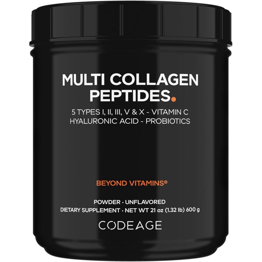 image:imageCodeage Multi Collagen Peptides Probiotics Black Edition Vitamin C Hyaluronic Acid Powder Supplement GrassFed PastureRaised Hydrolyzed Zero Carbs Type I II III V amp X Unflavored 21oz