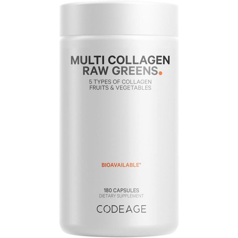 image:imageCodeage Multi Collagen Protein Organic Raw Greens Superfood Capsules Supplement 21 Fruits amp Veggies GrassFed Hydrolyzed Collagen Peptides 5 Types AllinOne 180 Count