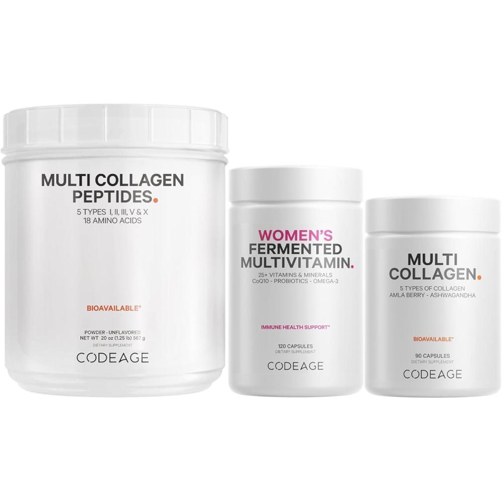 image:imageCodeage Multi Collagen Protein Capsules amp Powder Peptides Womens Daily Multivitamin Bundle 25 Multivitamins amp Minerals Omega3 Enzymes Probiotics Vitamin C Zinc Biotin NonGMO Supplement