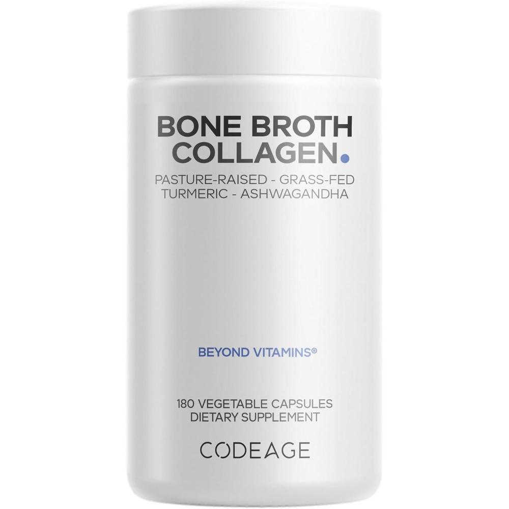 image:imageCodeage Organic Bone Broth Collagen Peptides Capsules Supplement Bone Broth Grass Fed Beef FreeRange Chicken Turmeric amp Ashwagandha Collagen Types I II III NonGMO 180 Capsules