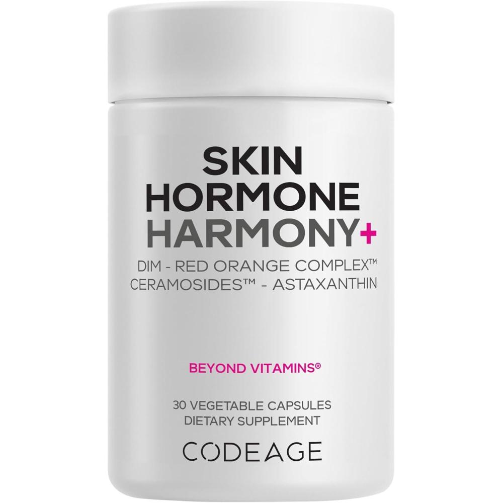 image:imageCodeage Skin Hormone Harmony Supplement Skin Hair Support with Ceramosides Red Orange Complex Diindolylmethane Astaxanthin Vitamin C Ascorbic Acid Liposomal Delivery NonGMO 30 Capsules
