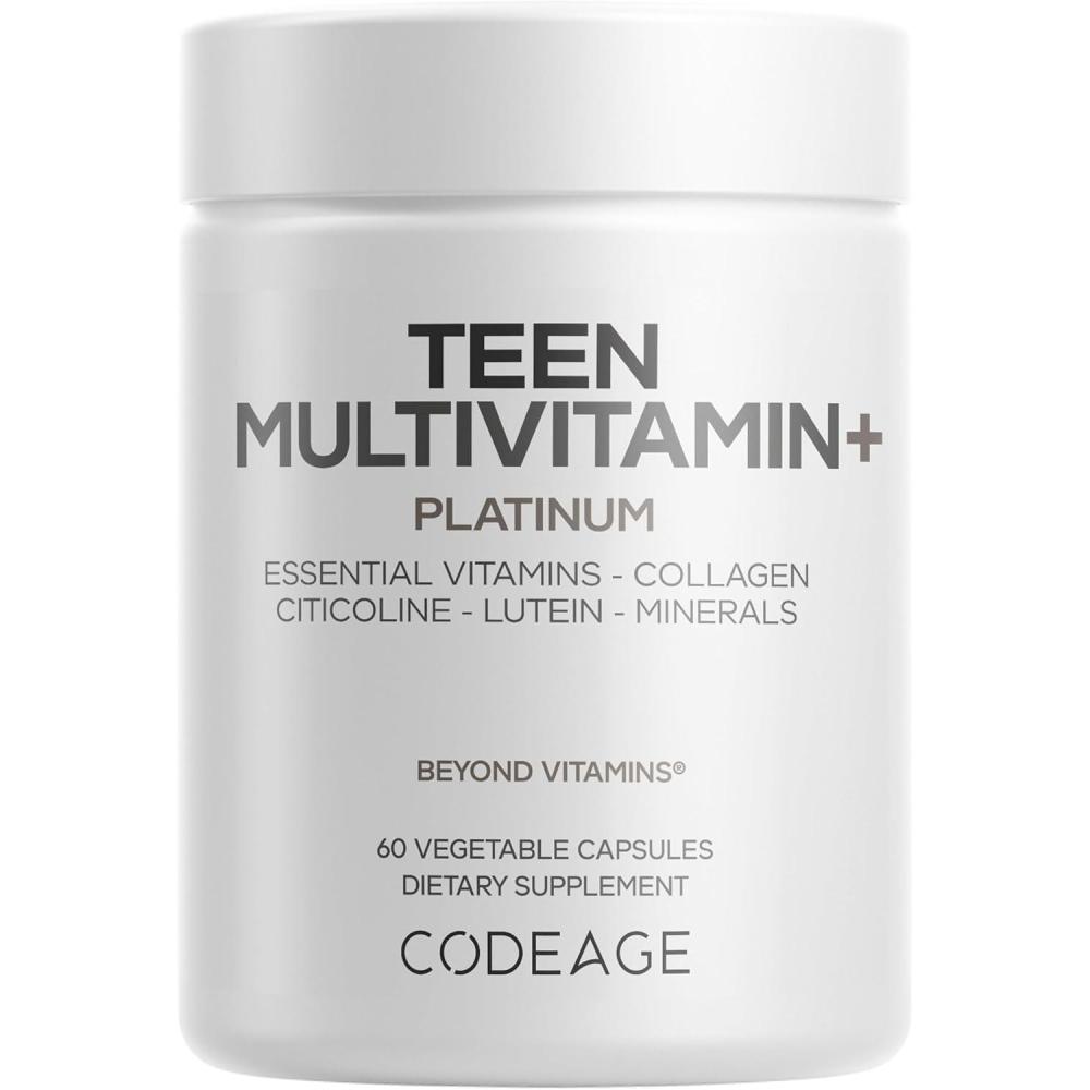 image:imageCodeage Teen Multivitamin Platinum Supplement Vitamins A C D3 E B6 B12 Minerals Probiotics Citicoline Collagen Bone Broth Folate Biotin Lutein Zeaxanthin NonGMO 60 Capsules