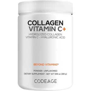 Codeage Collagen Peptides Powder + Vitamin C – 20g Grass-Fed Collagen Per Serving – Digestive Enzymes, Hyaluronic Acid, 18 Amino Acids – Hydrolyzed Collagen Protein – Non-GMO, Unflavored – 9.98 oz