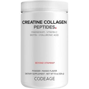 Codeage Creatine Collagen Peptides – Creatine Monohydrate Powder Supplement, Wild-Caught Marine Collagen, Biotin, Magnesium, Vitamin C, Hyaluronic Acid – Mango Flavored – Non-GMO – 15 Oz