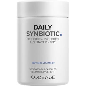Codeage Daily Synbiotic Supplement – Prebiotics, Lactobacillus & Bifidobacterium Probiotics, L-Glutamine, Zinc L-Carnosine, DGL, Synbiotic Probiotic, BioPerine – Shelf-Stable – 30 Capsules