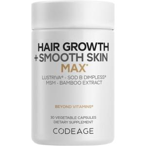 Codeage Hair Growth + Smooth Skin Max Vitamins Supplement – Patented Lustriva & SOD B Dimpless Superoxide Dismutase – Hair Growth Health Skin Cellulite Support – Biotin, Vitamin C, MSM – 30 Capsules