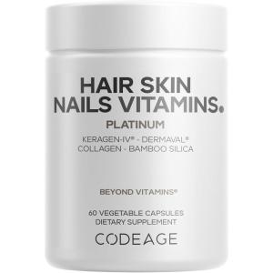 Codeage Hair Skin Nails Vitamins Platinum – KeraGEN-IV Keratin, Dermaval – Hair Fall, Skin Elasticity & Moisture Support – Biotin 5000, Collagen, Vitamin C, Coffeeberry, PABA Supplement – 60 Capsules