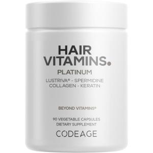 Codeage Hair Vitamins Platinum – Lustriva Hair Growth Support, Spermidine, AstraGin, Biotin, Keratin, Collagen, Enzymes, Omega-3, Multivitamins, Probiotics – Healthy Hair Supplement – 90 Capsules