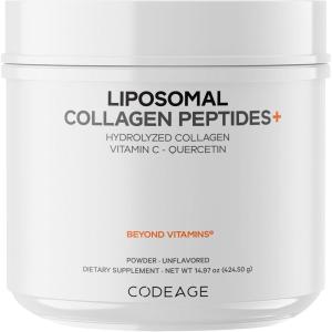 Codeage Liposomal Collagen Peptides Powder + Vitamin C & Quercetin, Phospholipid Complex, Grass-Fed Pasture-Raised Hydrolyzed Collagen Type I & III Supplement All-in-One, Non-GMO, 14.97 oz