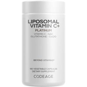 Codeage Liposomal Vitamin C+ Platinum – 1000 Mg Vitamin C Vitamins, Glutathione, NAC (N Acetyl Cysteine), Resveratrol, CoQ10, Rutin, Elderberry, Quercetin, Rosehip, Citrus Bioflavonoids – 180 Capsules