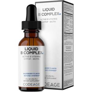 Codeage Liquid B-Complex Supplement with 8 Forms of Vitamin B – Vitamin Thiamine B1, Riboflavin B2, B3, B5, B6, Biotin B7, Active Methylated B9 Folate & B12 – Raspberry Flavor – Non-GMO – 1 fl oz