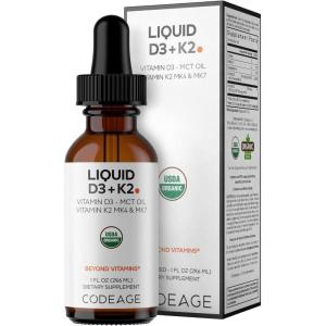 Codeage Liquid D3+K2 Vitamins USDA Organic – Vitamin D3 2000 IU, Vitamin K2 (MK4 & MK7) Liquid Drops – Immune Support – Unflavored – Organic MCT Oil – Non-GMO – 1 fl oz