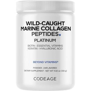 Codeage Marine Collagen Protein Powder Supplement Platinum – Biotin 10,000 mcg, Vitamin C, D3 & B6, Keratin, Hyaluronic Acid, Niacin, Wild Caught Hydrolyzed Fish Collagen Peptides – Non-GMO – 11.50 oz