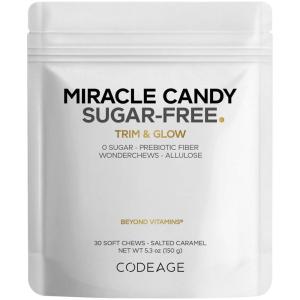 Codeage Miracle Candy Sugar-Free Candies, Salted Caramel Flavor Soft Chews – Allulose, Prebiotic Fiber – Low-Calorie Wonderchews – 0g Sugar Soft Chews – 30 Count