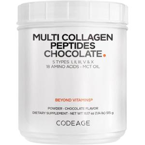 Codeage Multi Collagen Chocolate Protein Powder – Hydrolyzed Bovine Collagen Peptides, 5 Collagen Types & MCT Oil – Collagen Creamer, Chocolate Collagen Peptides – Protein Shakes – Non-GMO – 18.17 oz