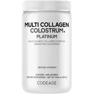 Codeage Multi Collagen Colostrum Powder Platinum – Hydrolyzed Grass-Fed Bovine Collagen Peptides, Grass-Fed Bovine Colostrum Supplement, Vitamin C, Biotin, Hyaluronic Acid, Lactoferrin – 13.4 Oz.