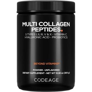 Codeage Multi Collagen Peptides Powder + Probiotics Black Edition, Vitamin C, Hyaluronic Acid Powder Supplement, Grass-Fed, Hydrolyzed, Zero Carbs, Type I, II, III, V & X, Unflavored, 10.58oz