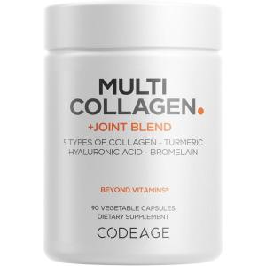 Codeage Multi Collagen Protein + Joint Blend Supplement, Hyaluronic Acid, Bromelain, Turmeric, Ginger, Boswellia, Astaxanthin – Hydrolyzed Bovine Collagen – 5 Collagen Types – Non-GMO – 90 Capsules