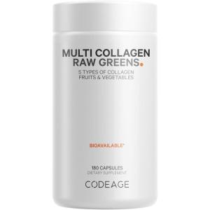 Codeage Multi Collagen Protein + Organic Raw Greens Superfood Capsules Supplement, 21 Fruits & Veggies, Grass-Fed Hydrolyzed Collagen Peptides, 5 Types All-in-One, 180 Count