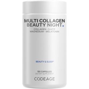 Codeage Multi Collagen Protein Beauty Night – Melatonin, Magnesium Bisglycinate, 5-HTP, L-Theanine, English Lavender Flower, Bone Broth – Vitamins – Supplement – Sleep Pills – Non-GMO – 150 Capsules